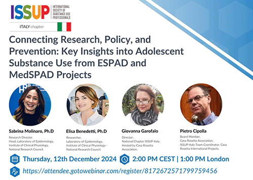 Webinar ISSUP ITALIA: Collegare ricerca, politica e prevenzione: approfondimenti chiave sull’uso di sostanze da parte degli adolescenti dai progetti ESPAD e MedSPAD